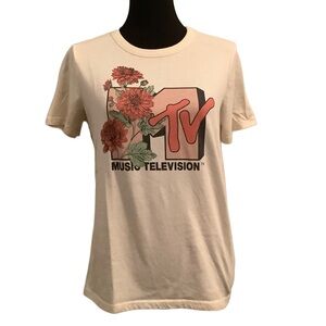MTV Cream Tee with Red Floral Design